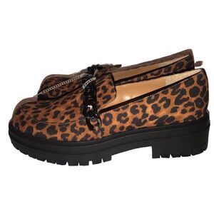 JESSICA SIMPSON Women’s Loafers Leopard Print Metallic Chain Thick Sole